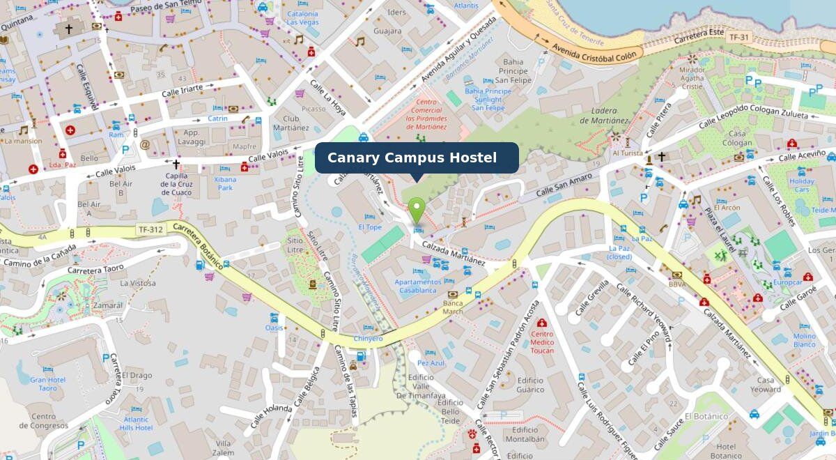 Street map of central Puerto de la Cruz with a pin on Calle Calzada Martiánez, where Canary Campus Hostel is