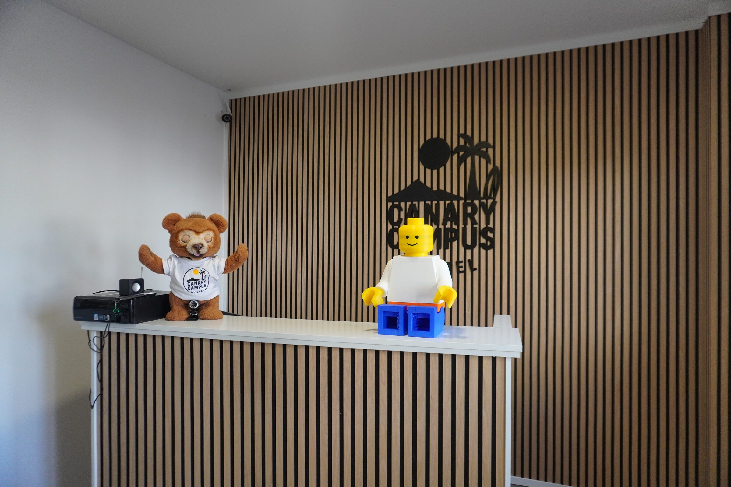 Reception desk with the Canary Campus logo on a wooden slat wall
