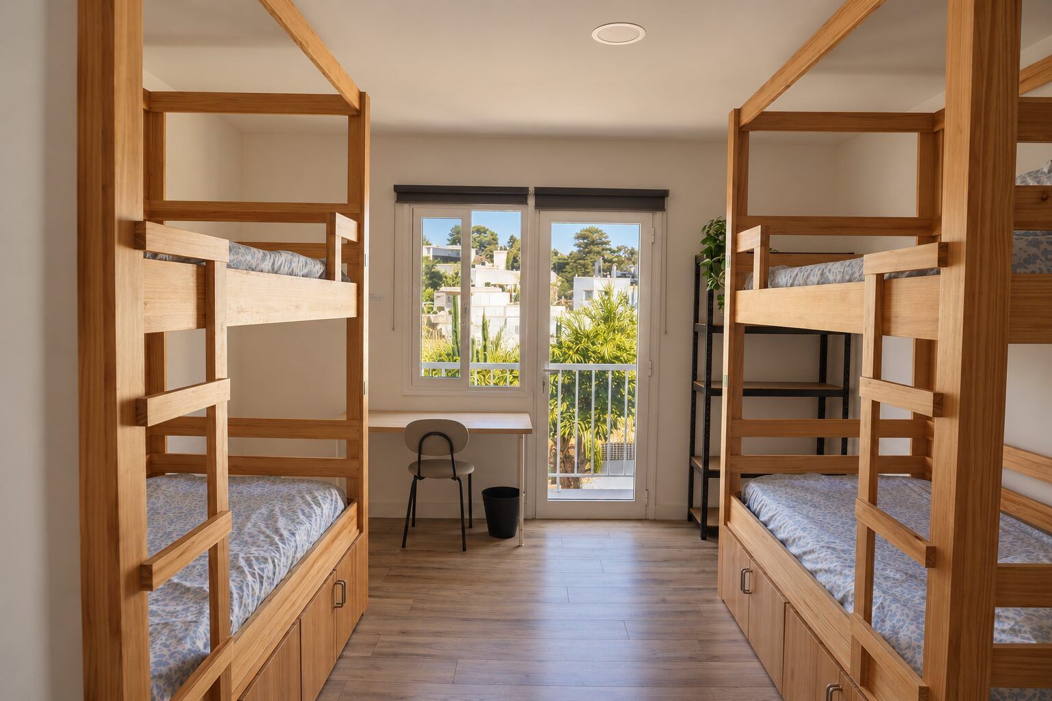 Wooden bunk beds on both sides of a bright room, a desk and a glass door to the balcony