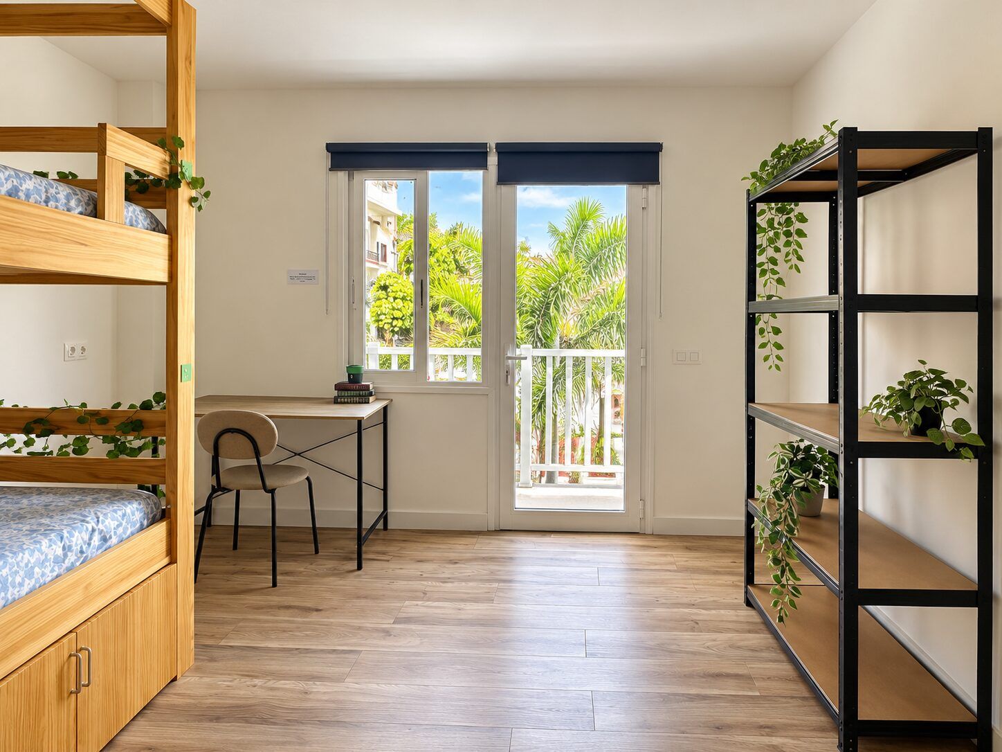 Room 6: bright room with a desk, plants on open shelving and a balcony door