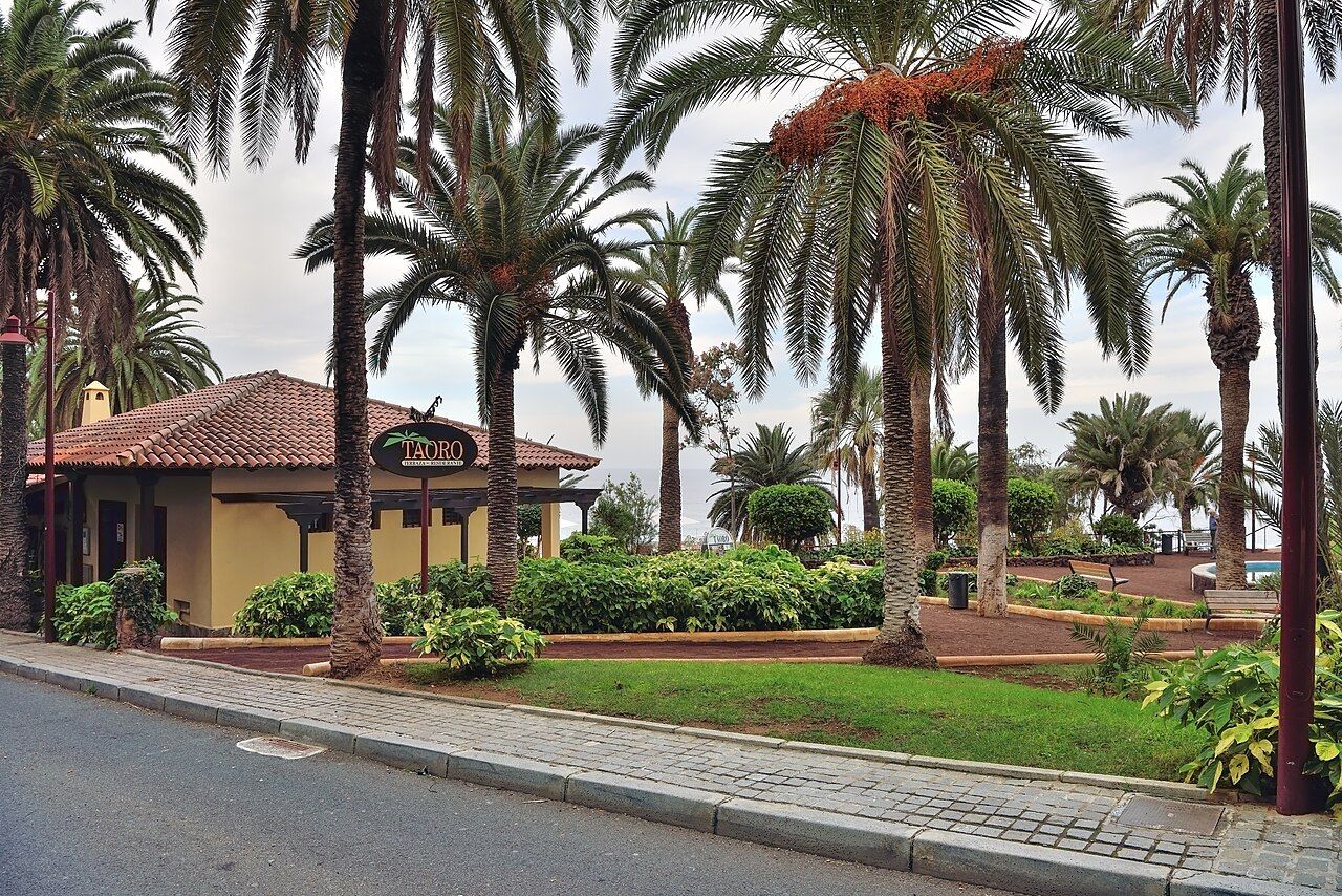 Palm-lined gardens and a traditional building in Taoro Park