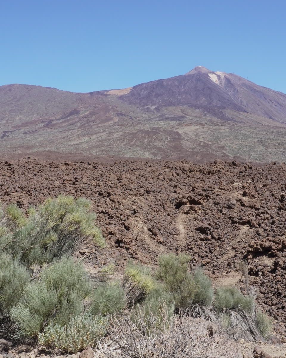 Mount Teide above a dark lava field in Tenerife